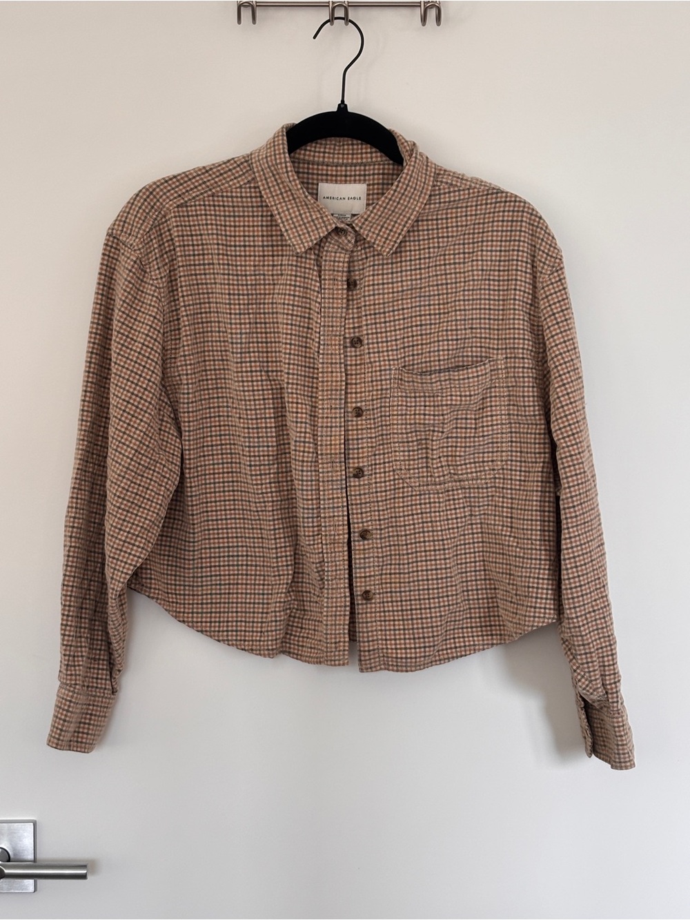 American Eagle Plaid Corduroy Soft Cropped Button-Up Shirt - Tan